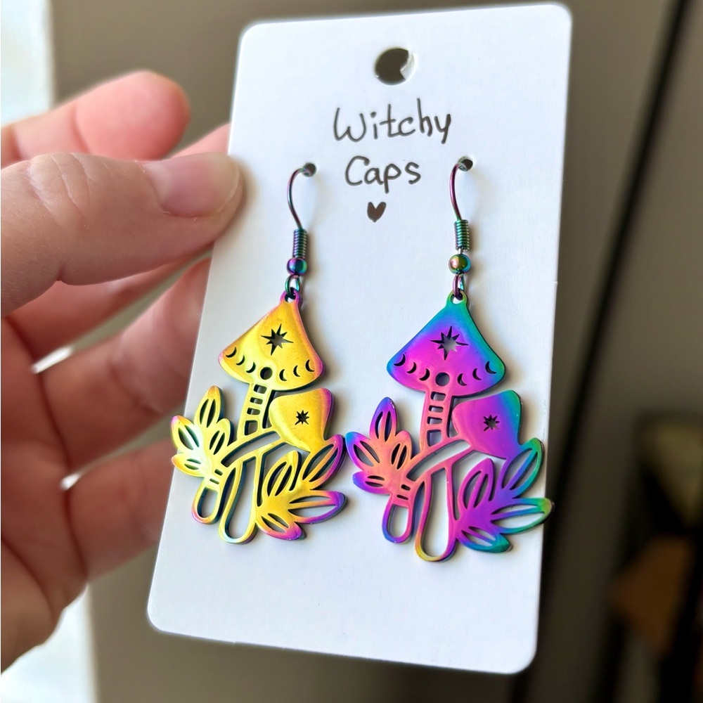 🍄 Witchy Caps Earrings – Handmade Iridescent Mushroom Dangles